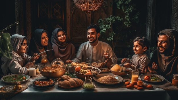 Una foto cautivadora de una familia rompiendo su ayuno juntos durante el Ramadán con una variedad de delici