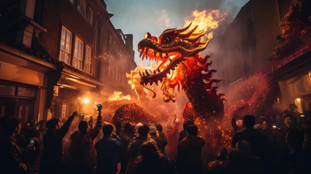 Una foto de una celebración del Año Nuevo chino con linternas de danza del dragón