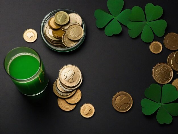 Foto de la celebración del día de San Patricio con vasos de bebidas y un montón de monedas