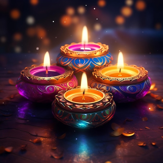 Foto celebración de diwali con fondo de lámparas de aceite