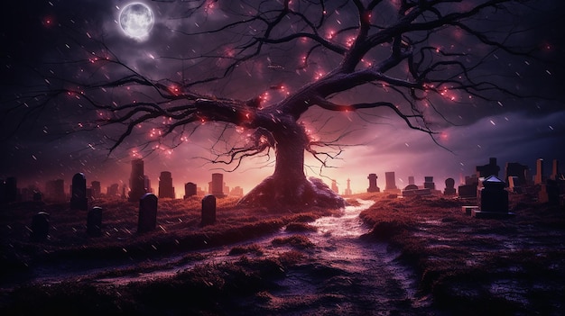 Foto de un cementerio iluminado con un árbol en el medio.