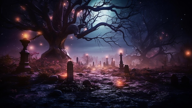 Foto de un cementerio iluminado con un árbol en el medio.