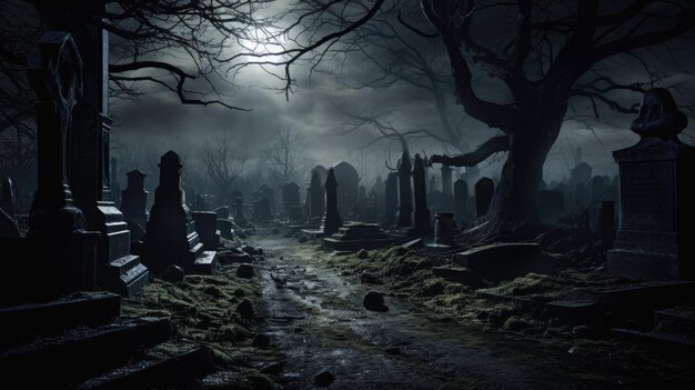 Una foto de un cementerio olvidado a la luz de la luna una iluminación misteriosa y inquietante
