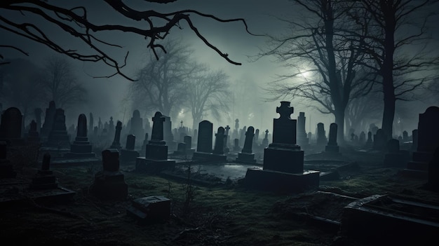 Una foto de un cementerio con un telón de fondo nebuloso y una iluminación tenue