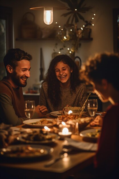 Una foto de la cena en familia rasgos faciales claros relajado y alegre lugar de estudio