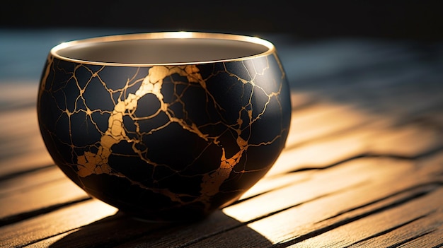 Foto foto de cerámica con kintsugi restaurado con grietas de oro método tradicional japonés de fijación del oro