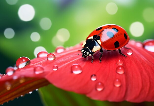 Foto foto de cerca de las aves de la señora insecto dama en hojas verdes flores con gotas de agua por la mañana