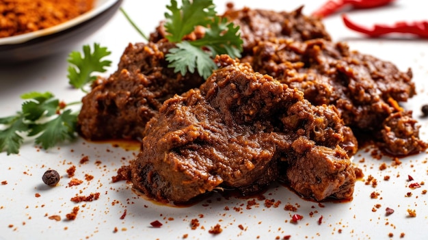 Una foto de cerca de Beef Rendang sobre un fondo blanco