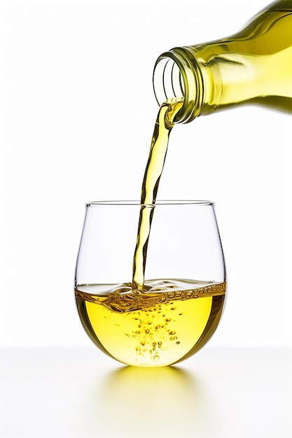 foto de cerca de una botella de aceite de oliva que se vierte en un vaso aislado sobre un fondo blanco