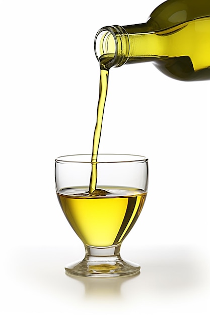 foto de cerca de una botella de aceite de oliva que se vierte en un vaso aislado sobre un fondo blanco