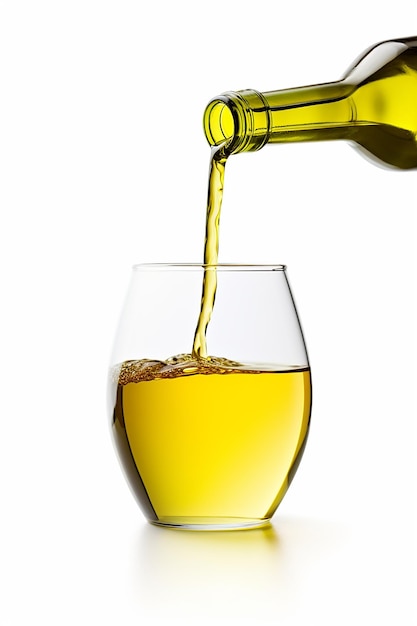 foto de cerca de una botella de aceite de oliva que se vierte en un vaso aislado sobre un fondo blanco