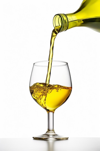 foto de cerca de una botella de aceite de oliva que se vierte en un vaso aislado sobre un fondo blanco