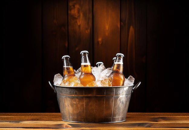 Foto foto de cerca de botellas de cerveza en un cubo de cubitos de hielo