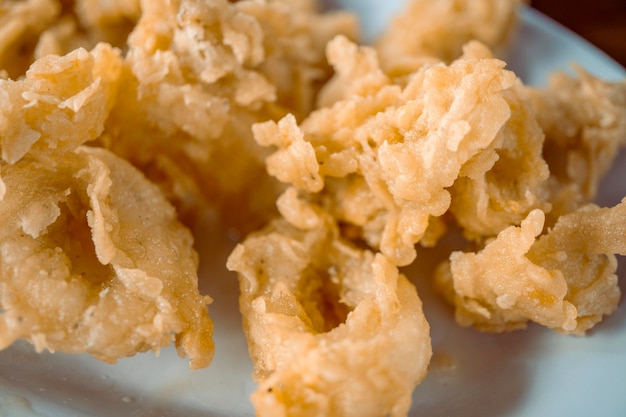 La foto de cerca de calamares fritos crujientes sobre el plato blanco.