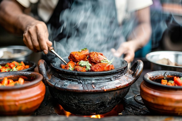 Una foto de cerca de un chef preparando pollo tandoori en un horno de arcilla tradicional tandoor