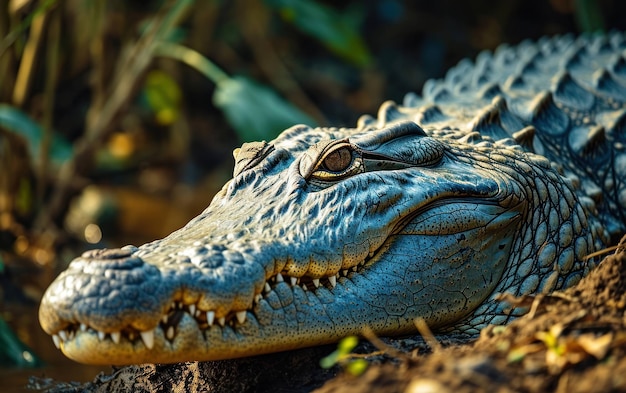 Una foto de cerca de un cocodrilo anidando en la orilla de un río