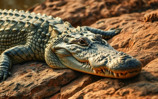 Una foto de cerca de un cocodrilo tomando el sol en un afloramiento rocoso