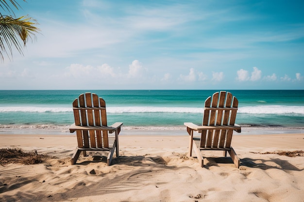 Una foto de cerca de dos sillas de playa en una playa tropical