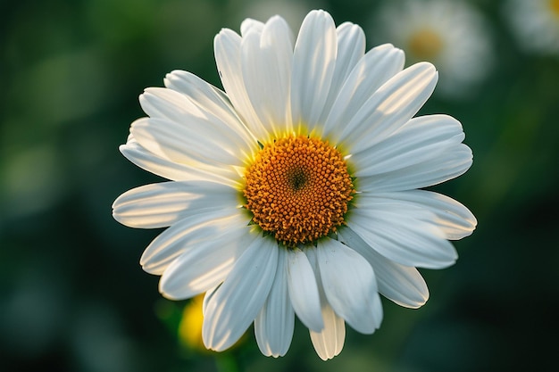 Una foto de cerca de una hermosa flor de margarita blanca cubierta de gotas de rocío