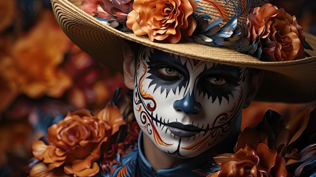 Foto de cerca de un hombre con traje tradicional del Día de los Muertos y maquillaje del Día de Muertos