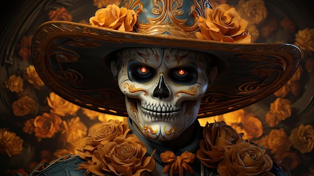 Foto de cerca de un hombre con traje tradicional del Día de los Muertos y maquillaje del Día de Muertos