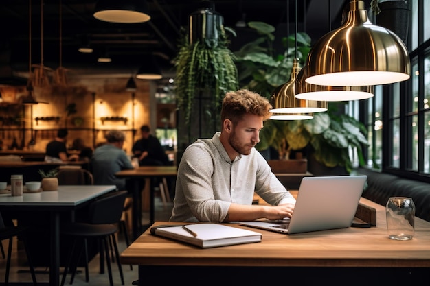 Foto de cerca de un joven empresario trabajando en una computadora portátil en un moderno espacio de coworking Generative