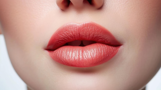 Foto de cerca de labios de mujer con maquillaje natural sobre fondo blanco