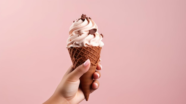 Foto de cerca de la mano sosteniendo un sabroso cono de helado con salsa de chocolate aislado sobre fondo rosa