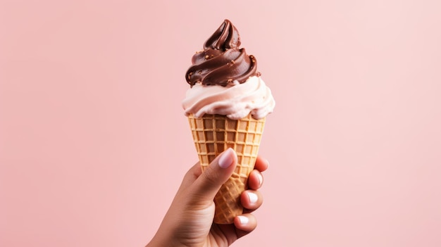 Foto de cerca de la mano sosteniendo un sabroso cono de helado con salsa de chocolate aislado sobre fondo rosa