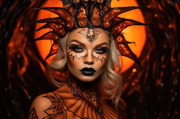 Foto de cerca de una mujer con traje y maquillaje con temática de Halloween