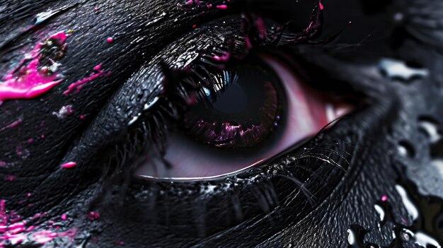 Foto de cerca del ojo de una persona con pintura rosa