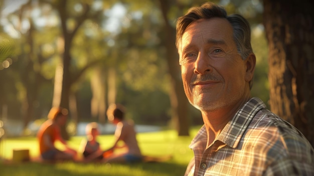 La foto de cerca de padre con su familia sentado y relajado en el parque aig