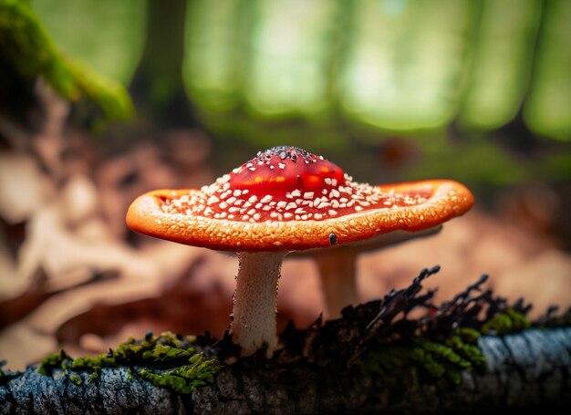 foto de cerca de un pequeño hongo agarico de mosca