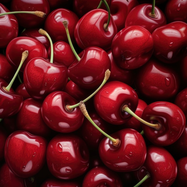 Foto de cerca de una pila de cerezas maduras con tallos y hojas