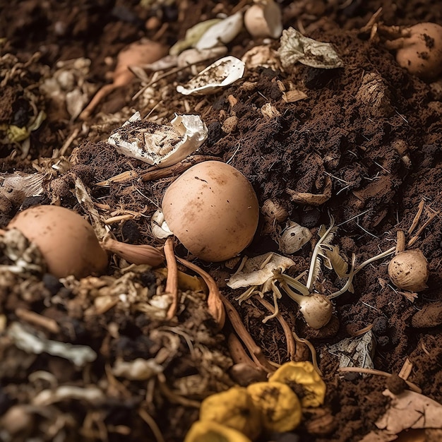 Una foto de cerca de una pila de compost llena de rica materia orgánica y desechos en descomposición