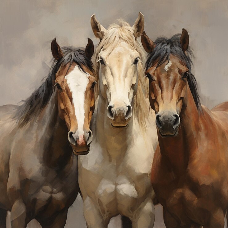 una foto de cerca y una pintura de caballos de pie juntos entre sí