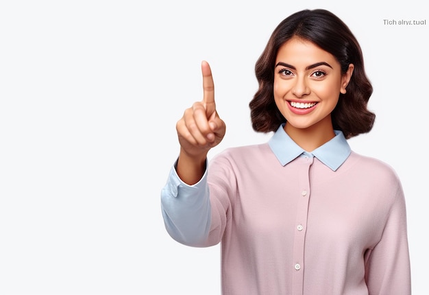 Foto de cerca retrato de una chica bonita y sonriente que señala con el dedo para copiar el espacio