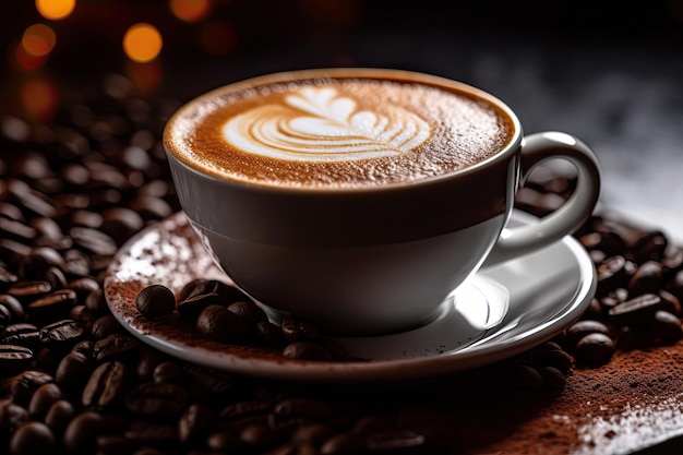 Una foto de cerca de una taza de capuchino y granos de café