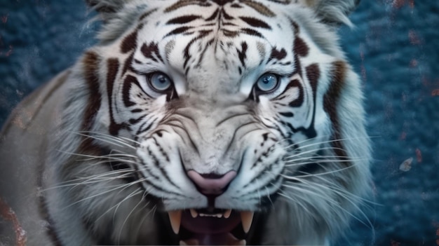 Foto de cerca de un tigre blanco enojado en el fondo