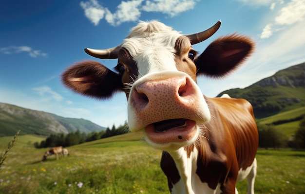 una foto de cerca de una vaca en un pasto verde