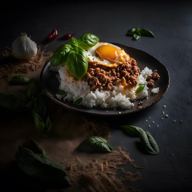 foto cerdo picado albahaca con arroz y huevo frito fotografía de comida