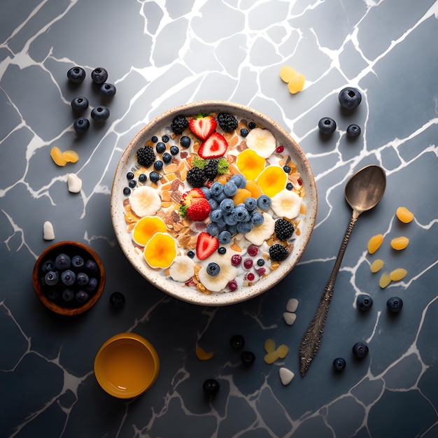 foto cereal en un tazón y c fruta sobre fondo de mármol Fotografía de alimentos