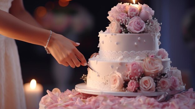 Una foto de una ceremonia de corte de pastel de boda