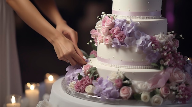 Una foto de una ceremonia de corte de pastel de boda