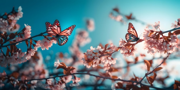 Una foto de un cerezo rosa con mariposas volando en el cielo.