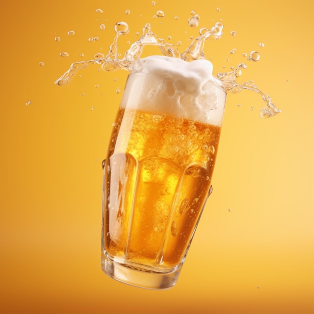 Foto de cerveza flotante fresca aislada en fondo amarillo Renderización 3D de bebida de cerveza fresca