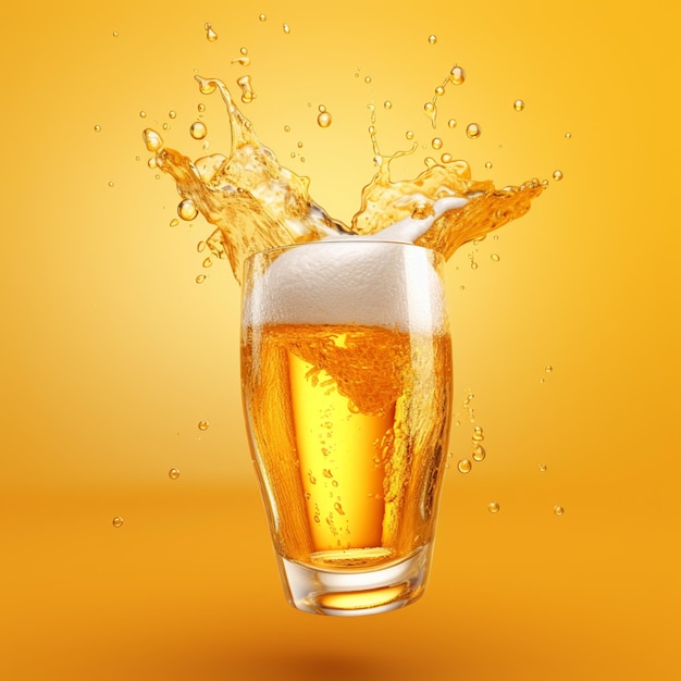 Foto de cerveza flotante fresca aislada en fondo amarillo Renderización 3D de bebida de cerveza fresca