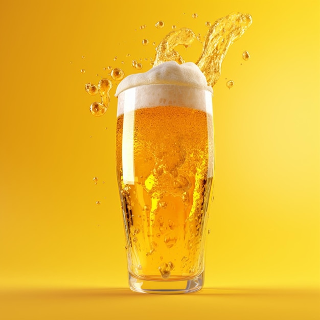 Foto de cerveza flotante fresca aislada en fondo amarillo Renderización 3D de bebida de cerveza fresca