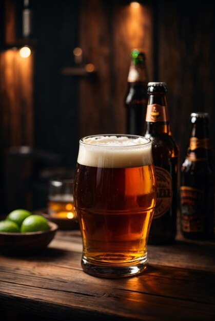 Foto foto de cerveza de vaso y bocadillos con botella en el fondo en el bar