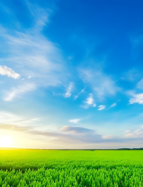 Foto foto céu azul fundo textura com nuvens brancas pôr do sol belo campo de milho verde